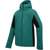 A teal and black hooded technical jacket with a full-zip front and a subtle logo on the left chest, shown on a plain white background.