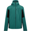 A teal and black hooded outdoor jacket with a full front zipper, a vertical zip chest pocket, and a small visible logo on the left chest, shown on a plain white background.
