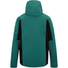 The back view of a hooded jacket in teal green with black side panels, shown on a plain white background.