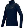 A dark navy blue long-sleeve quarter-zip pullover top with a high mock neck collar and a small embroidered brand logo on the left chest, shown on a plain white background.