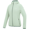 A women's hooded jacket featuring a teal and navy quilted puffer body with sleeves and collar, shown on a plain white background.