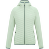 A women's hooded jacket featuring a teal and navy quilted puffer body with sleeves and collar, shown on a plain white background.