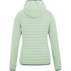 A women's hooded jacket featuring a teal and navy quilted puffer body with sleeves and collar, shown on a plain white background.
