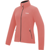 A coral pink women's full-zip fleece jacket with a stand-up collar, black zippers, and a small white logo on the left chest, shown on a plain white background.