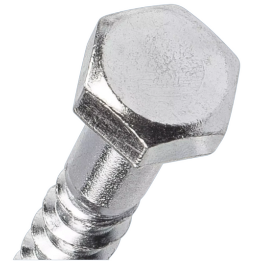 A close-up of a silver metal hex screw head with a threaded shank, shown on a plain white background.