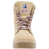 A beige tactical-style lace-up boot with purple laces, a side zipper, and a Steel Blue logo patch on the tongue, shown against a plain white background.