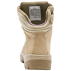 A beige mid-calf safety boot shown from a rear three-quarter view, featuring a thick beige sole, stitched leather-like upper, and a small purple accent lining the collar.