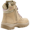 A beige tactical-style lace-up boot with purple laces, a side zipper, and a Steel Blue logo patch on the tongue, shown against a plain white background.
