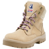 A beige tactical-style lace-up boot with purple laces, a side zipper, and a Steel Blue logo patch on the tongue, shown against a plain white background.