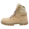A beige tactical-style lace-up boot with purple laces, a side zipper, and a Steel Blue logo patch on the tongue, shown against a plain white background.