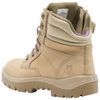 A beige tactical-style lace-up boot with purple laces, a side zipper, and a Steel Blue logo patch on the tongue, shown against a plain white background.